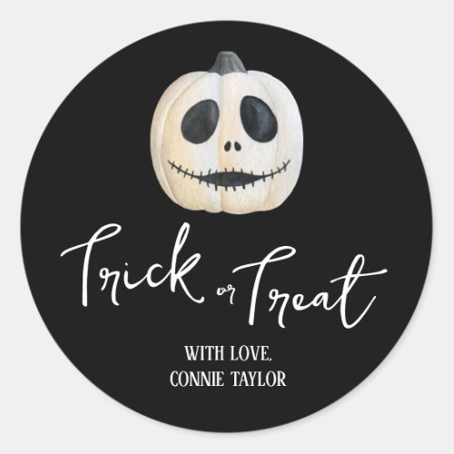 Trick or Treat Label Black and White Pumpkin  Classic Round Sticker