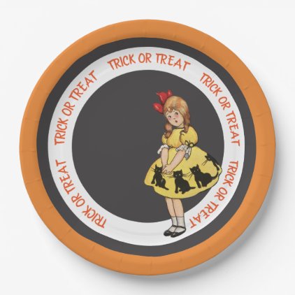 Trick or Treat Little Girl Yellow Dress Black Cat Paper Plate