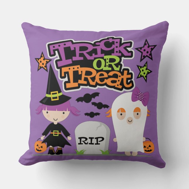 Trick or Treat Little Witch and Ghost Throw Pillow (Front)