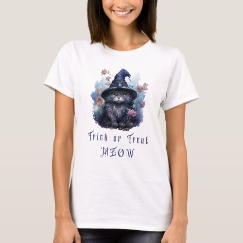 Trick or Treat Meow Black Cat Witch Hat Halloween T_Shirt