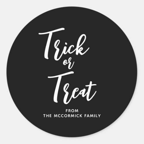 Trick Or Treat Modern Black Script Halloween Classic Round Sticker