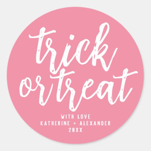 Trick Or Treat Modern Elegant Personalized Pink Classic Round Sticker