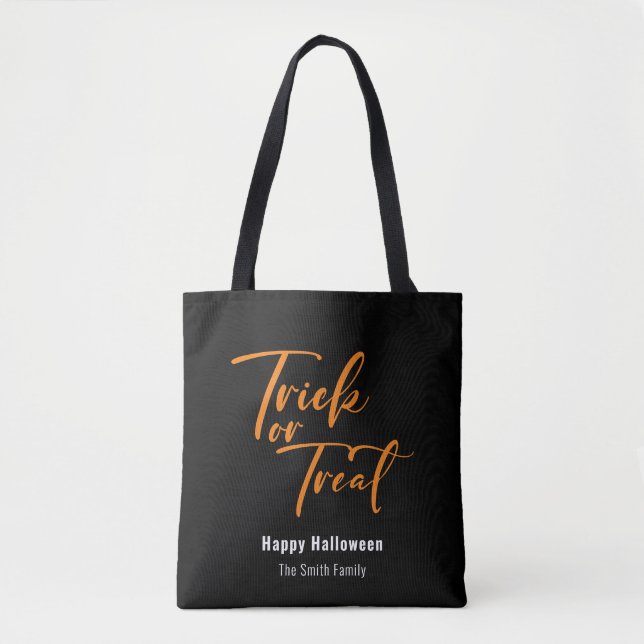 Trick or Treat Modern Script Custom Halloween Name Tote Bag (Front)