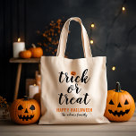 Trick or Treat Modern Script Custom Halloween Tote Bag<br><div class="desc">These scary cute Halloween tote / candy bags feature "Trick or Treat" in modern black script with an orange jack o'lantern pumpkin accent. Personalize and order matching bags for your family.</div>