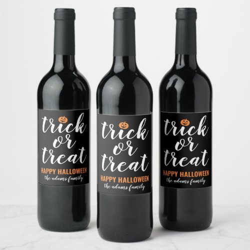 Trick or Treat Modern Script Custom Halloween Wine Label