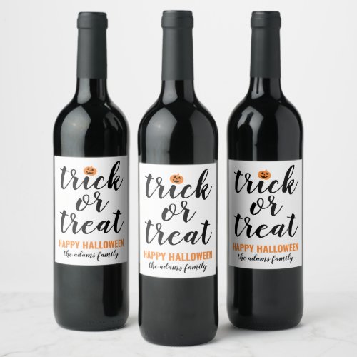 Trick or Treat Modern Script Custom Halloween Wine Label