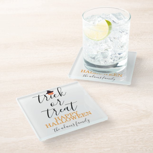 Trick or Treat Modern Script Halloween  Glass Coaster (Angled)