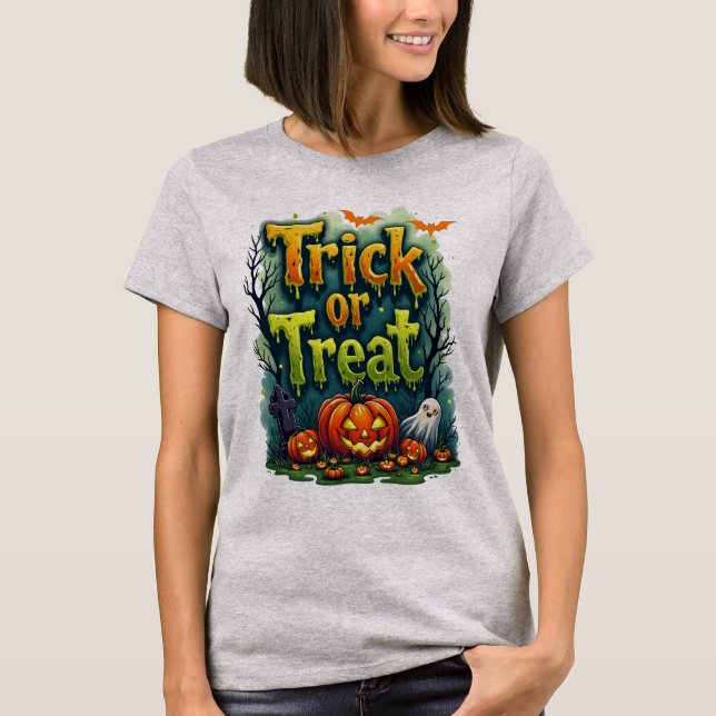 Trick or Treat Modern Script Womens Halloween T-Shirt (Front)