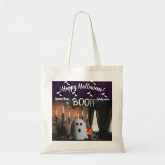 trick or treat,name, halloween personalized, boo! tote bag
