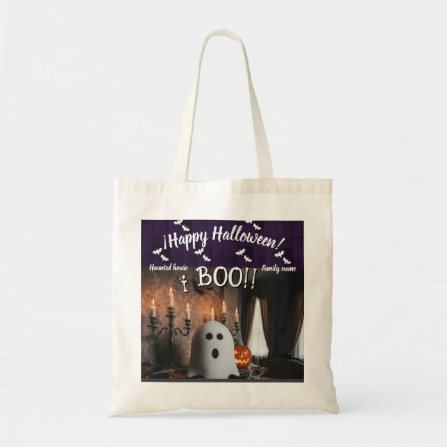 trick or treat,name, halloween personalized, boo! tote bag (Front)