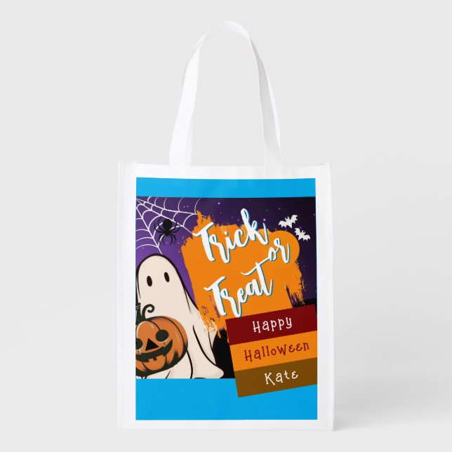 trick or treat,name persolalized halloween pink gr grocery bag (Front)