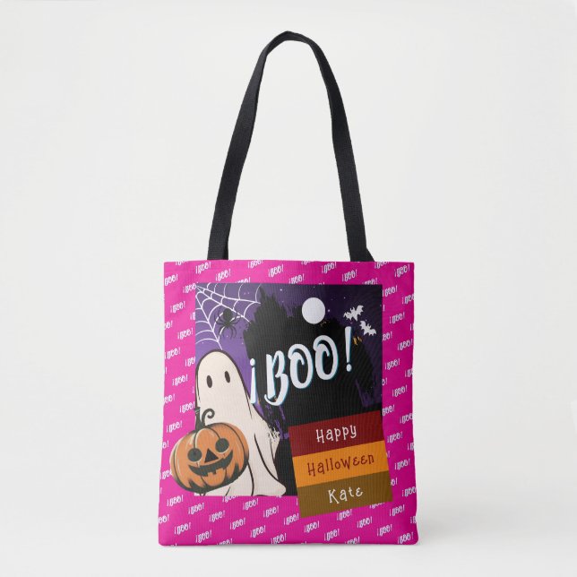 trick or treat,name persolalized halloween pink tote bag (Front)