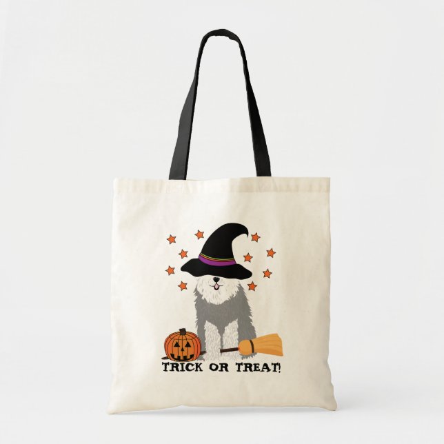 TRICK OR TREAT! Old English Sheepdog Witch Tote Bag (Front)