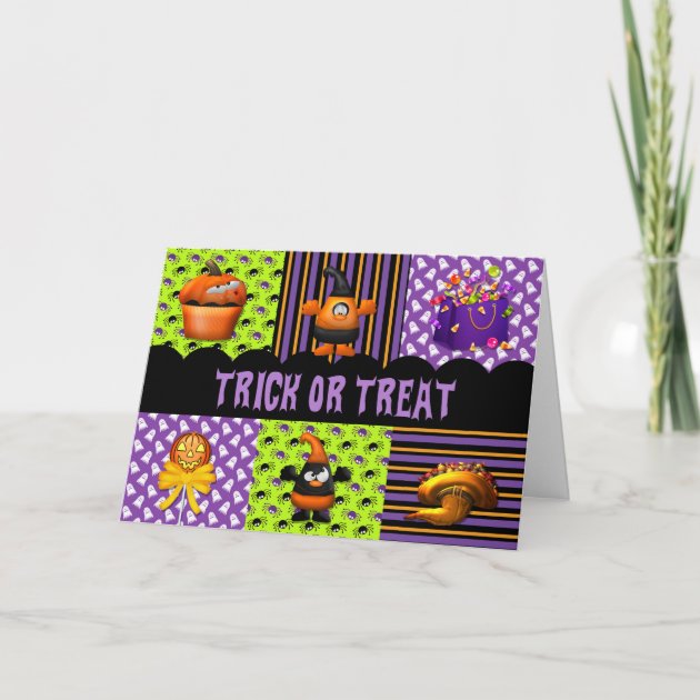 Trick Or Treat Orange And Purple Halloween Card | Zazzle