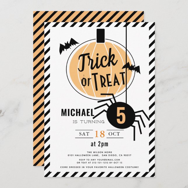 Trick or Treat Orange Pumpkin Halloween Birthday Invitation (Front/Back)