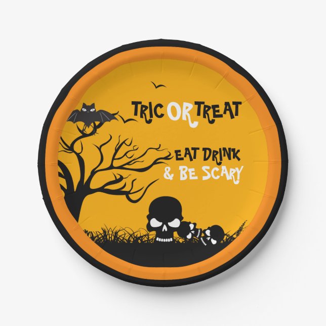 Trick Or Treat Owl & Skulls Illustration Paper Plates (Front)