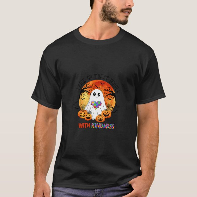Trick Or Treat People With Kindness Halloween Auti T-Shirt (Front)