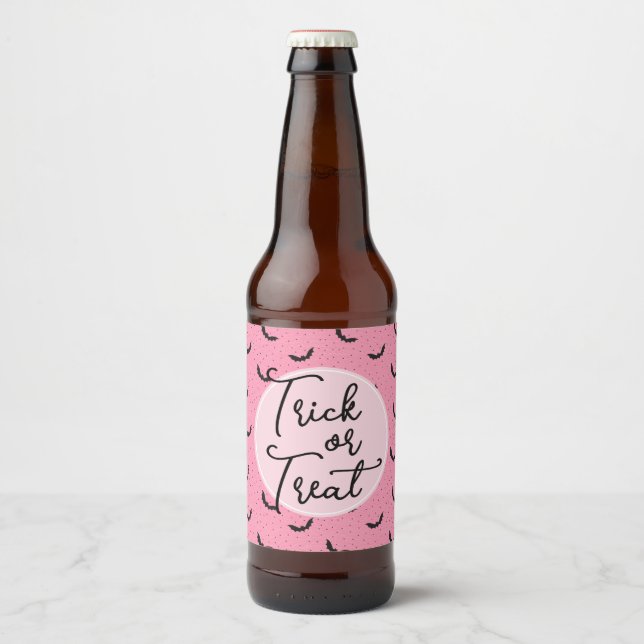 Trick Or Treat Pink Bats Halloween Beer Bottle Label (Front)