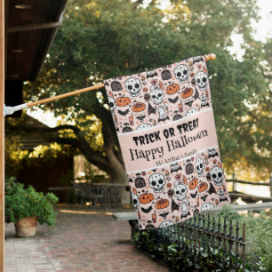 Trick or Treat Pink Halloween Custom Family Name House Flag