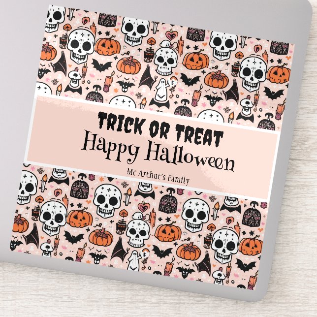Trick or Treat Pink Halloween Custom Family Name Sticker (Detail)