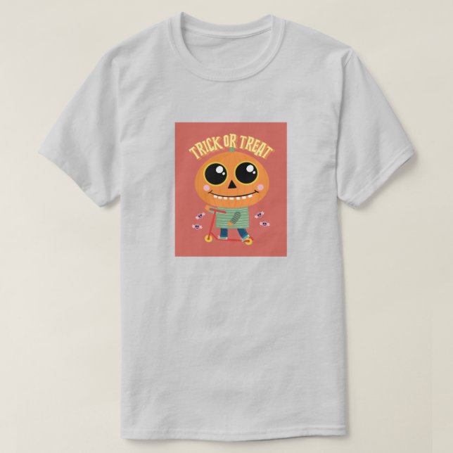 Trick or Treat pumpkin child on scooter T-Shirt (Design Front)