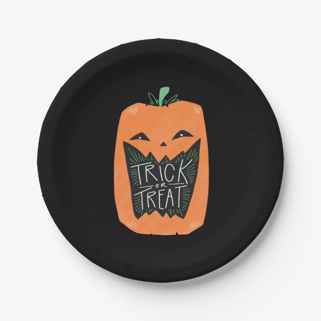 Trick or Treat Pumpkin Halloween Party Paper Plates (Front)