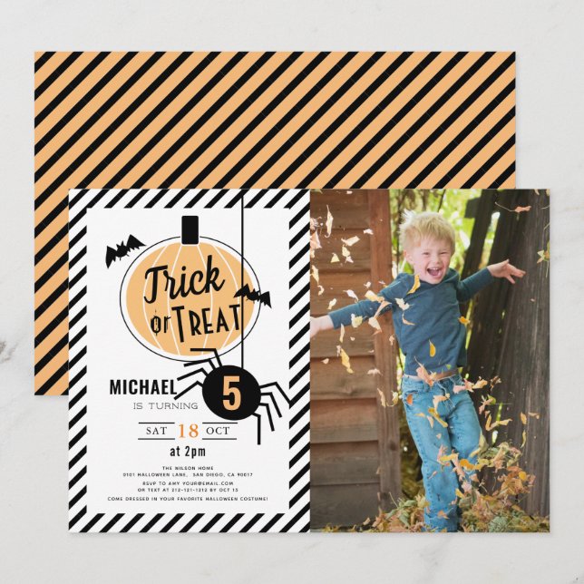 Trick or Treat Pumpkin Halloween Photo Birthday Invitation (Front/Back)