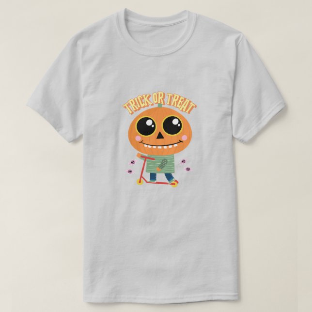 Trick or Treat Pumpkin head kid on scooter T-Shirt (Design Front)