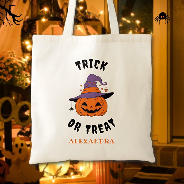 Trick Or Treat Pumpkin Name Personalized Halloween Tote Bag (Creator Uploaded)