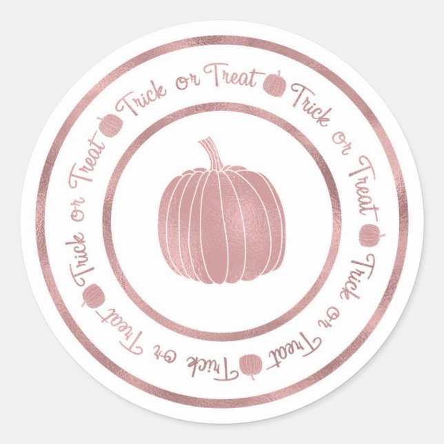 Trick or Treat & Pumpkin Rose Gold Glam Halloween Classic Round Sticker (Front)