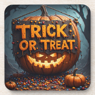 Trick Or Treat Pumpkin Sign Halloween Decor 🎃 Beverage Coaster