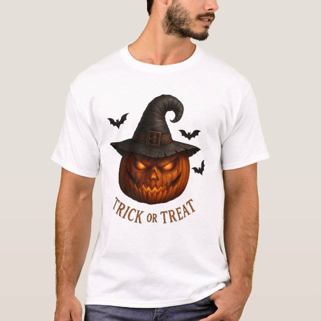 Trick or Treat Pumpkin Witch Hat Halloween Design T-Shirt (Front)