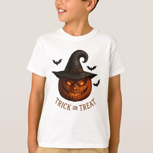 Trick or Treat Pumpkin Witch Hat Halloween Design T-Shirt (Front)