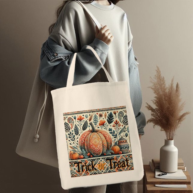 Trick or Treat Pumpkins Fall Foliage Bohemian Art Tote Bag (Trick or Treat Pumpkins Fall Foliage Bohemian Art Tote Bag)
