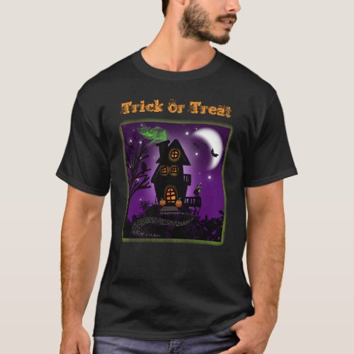 Trick or Treat Purple Green Witch Haunted House T_Shirt