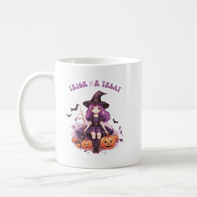 Trick or Treat Purple Witch Pumpkins & Bats Coffee Mug (Left)