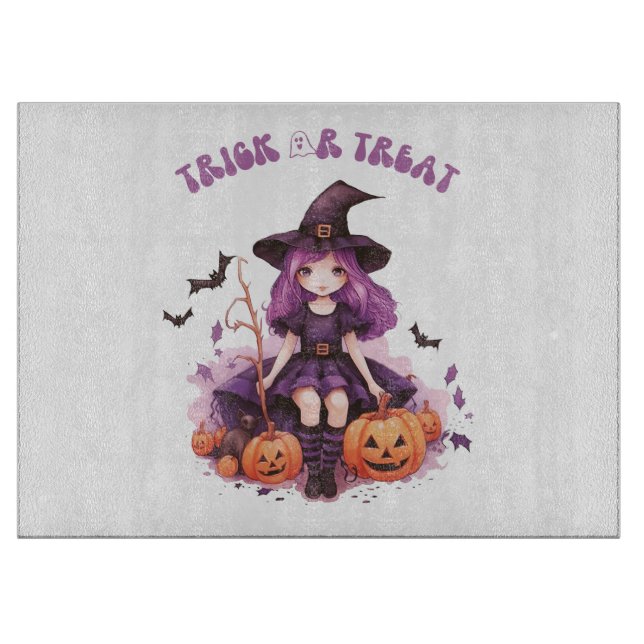 Trick or Treat Purple Witch Pumpkins & Bats Cutting Board (Front)