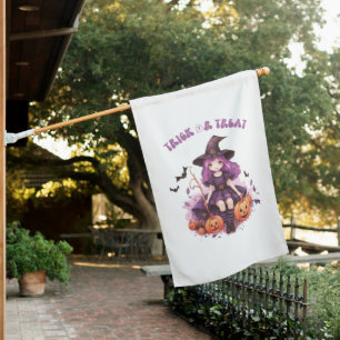 Trick or Treat Purple Witch Pumpkins & Bats House Flag