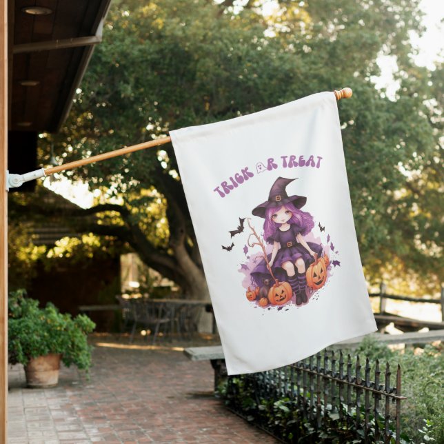 Trick or Treat Purple Witch Pumpkins & Bats House Flag (In SItu)