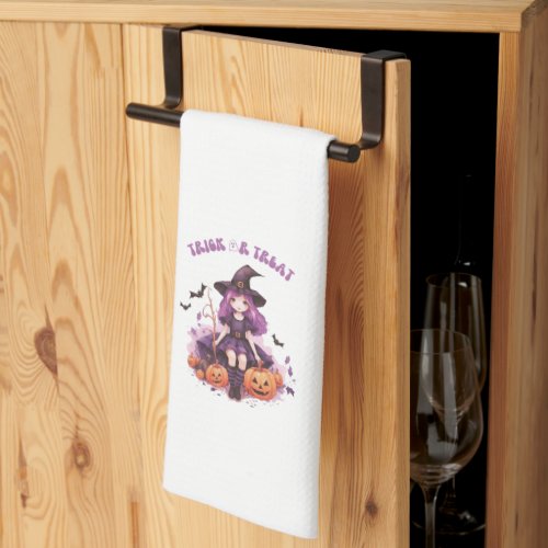 Trick or Treat Purple Witch Pumpkins  Bats Kitchen Towel