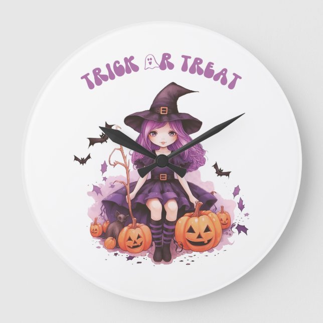 Trick or Treat Purple Witch Pumpkins & Bats Large Clock (Front)