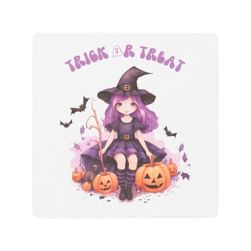 Trick or Treat Purple Witch Pumpkins  Bats Metal Print