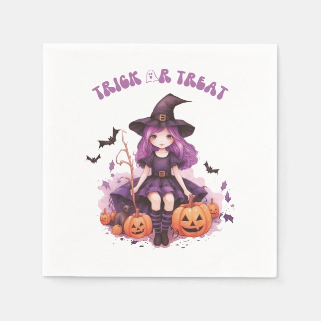 Trick or Treat Purple Witch Pumpkins & Bats Napkins (Front)