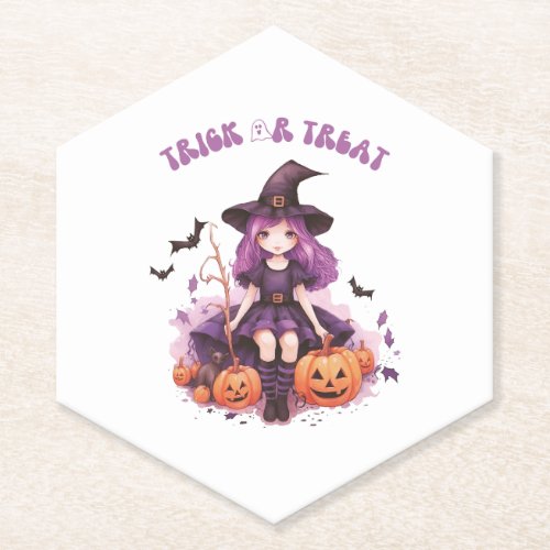 Trick or Treat Purple Witch Pumpkins  Bats Paper Coaster