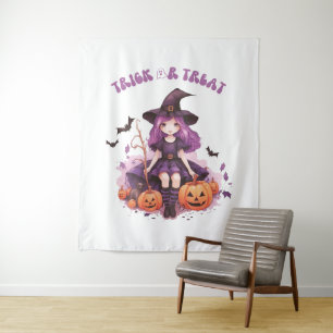 Trick or Treat Purple Witch Pumpkins & Bats Tapestry
