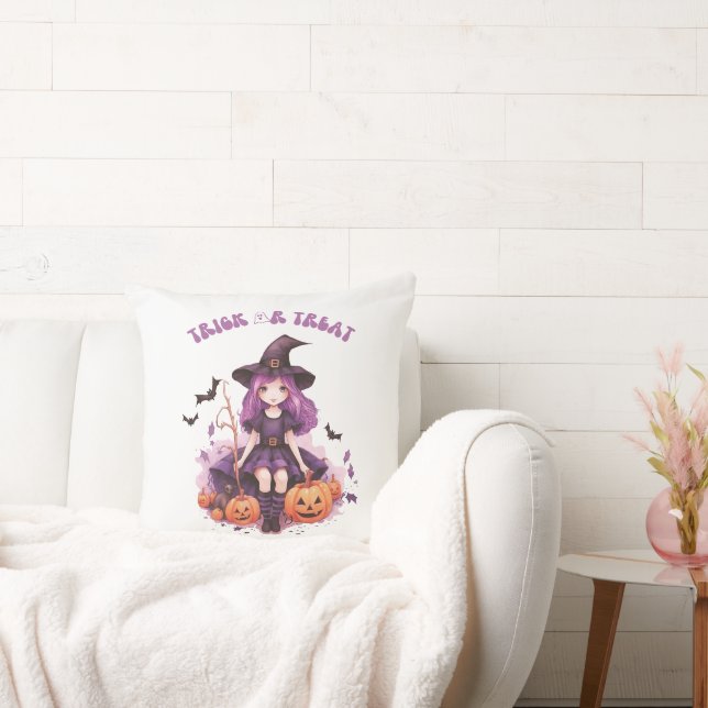 Trick or Treat Purple Witch Pumpkins & Bats Throw Pillow (Couch)