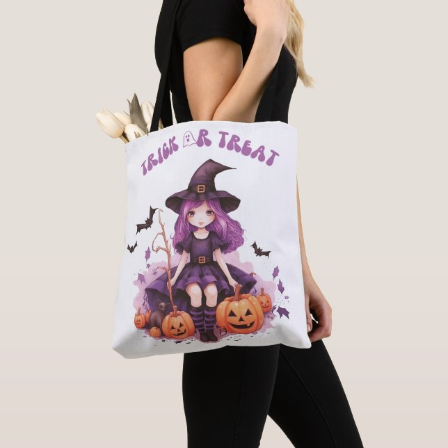 Trick or Treat Purple Witch Pumpkins & Bats Tote Bag (Close Up)