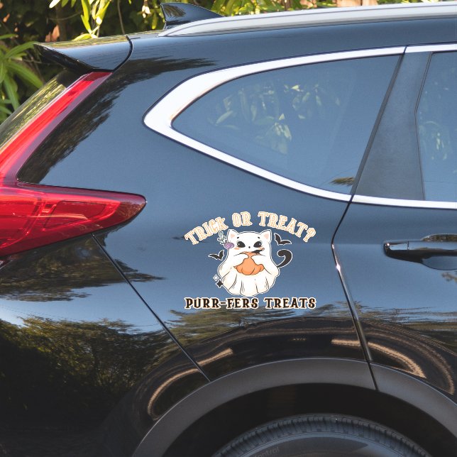 Trick or Treat? Purr-fers Treats! Funny ghost Cat Sticker (Car Side)