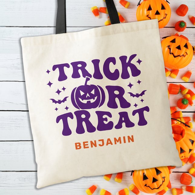 Trick Or Treat Retro Simple Personalized Halloween Tote Bag (Creator Uploaded)