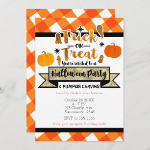 Trick or Treat Rustic Orange Halloween Party Invitation